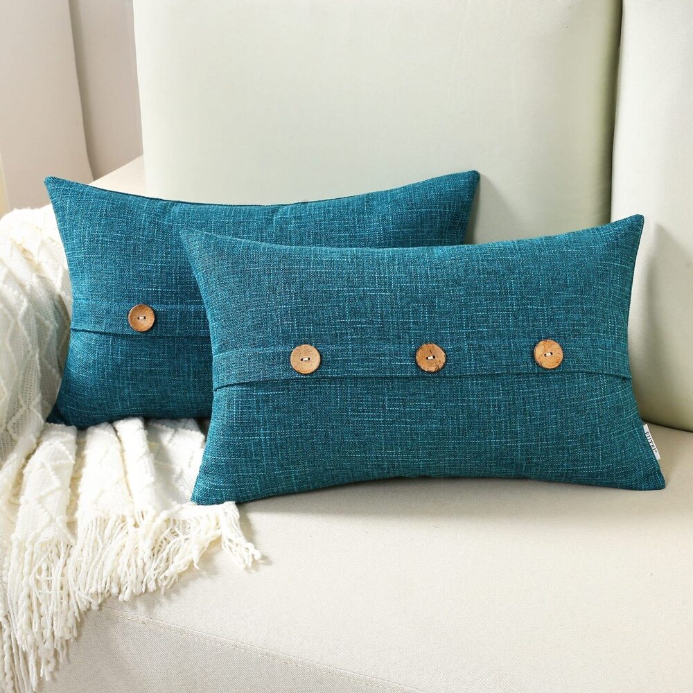 1004 Teal Linen Decorative Throw Pillow Covers 12x20 Inch Set of 2